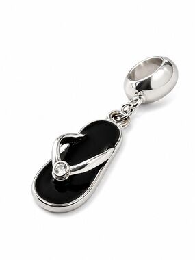 Pandora Style Silver Flip Flop Dangle Charm CZ Black